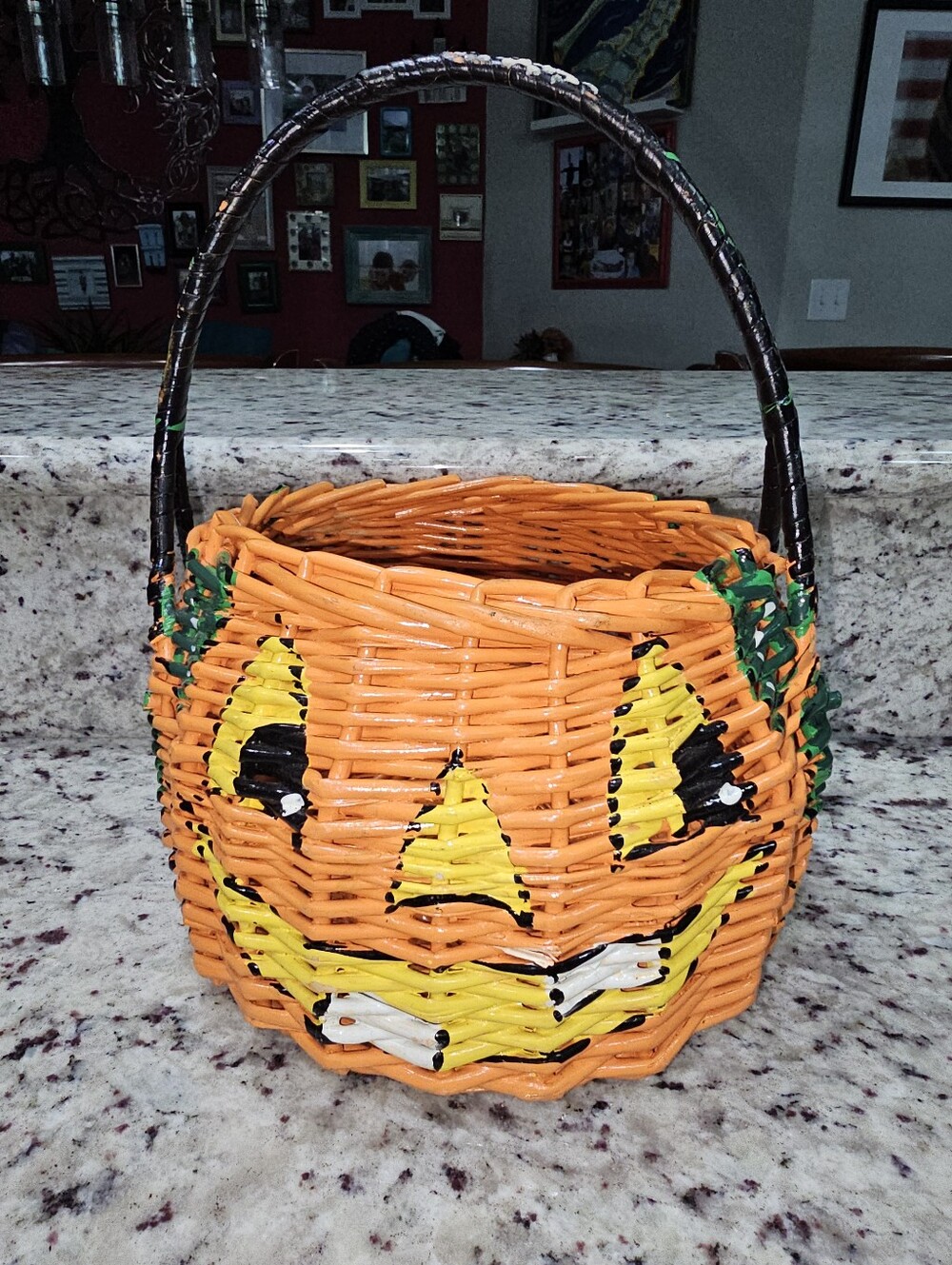 Hand Painted Pumpkin Jack-O-Lantern Basket Spider & Leaves